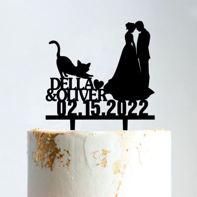 Mr And Mrs Cake Topper Bride And Groom with Pet Wedding Cake Topper Couple Silhouette Custom Wedding Cake Topper Anniversary Baptism Cake Topper Black Acrylic, 6 Inch