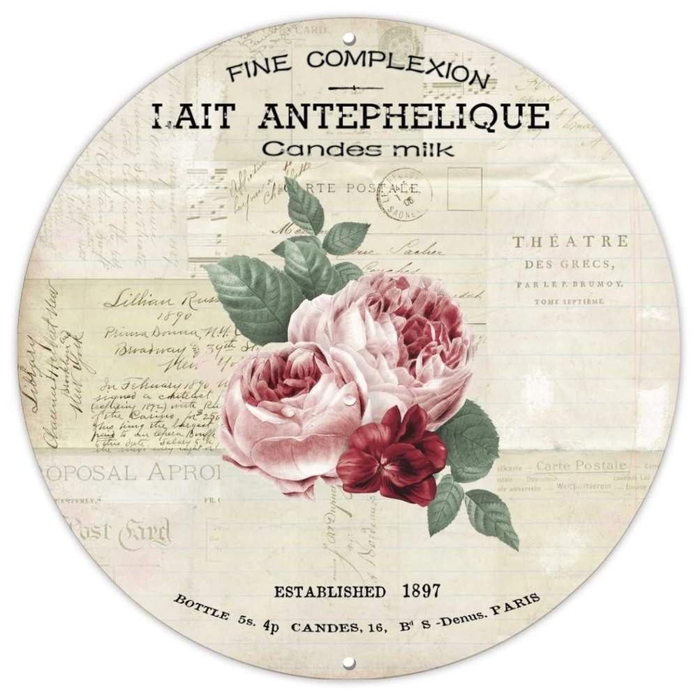 Paris Lait Antephelique Round Metal Wreath Sign Farmhouse Watercolor Parisien Roses Custom Candes Milk Front Door Wreath Sign 9inch Metal Wall Plaque for Front Door,Pub,Bar,Yard,Garden,Man Cave,Farm