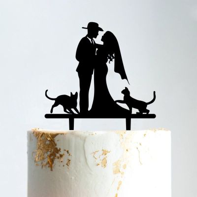 Mr And Mrs Wedding Cake Topper Bride And Groom with Pet Wedding Cake Topper Couple Silhouette Personalized Wedding Cake Topper Cake Topper Wedding Black Acrylic, 6 Inch