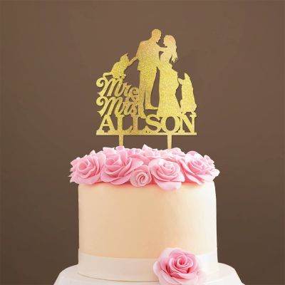 Mr And Mrs Cake Topper Bride And Groom with Pet Wedding Cake Topper Couple Silhouette Custom Wedding Cake Topper Funny Cake Toppers for Wedding Gold Glitter Wood, 6 Inch