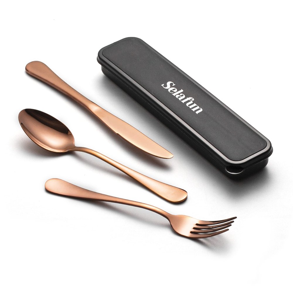 Selafun 4-pieces Travel Set with Case Portable Silverware Utensils Set for work, Stainless Steel Reusable Flatware Set Cutlery Set for Camping Picnic Hiking Office (8inch, Rose Gold)
