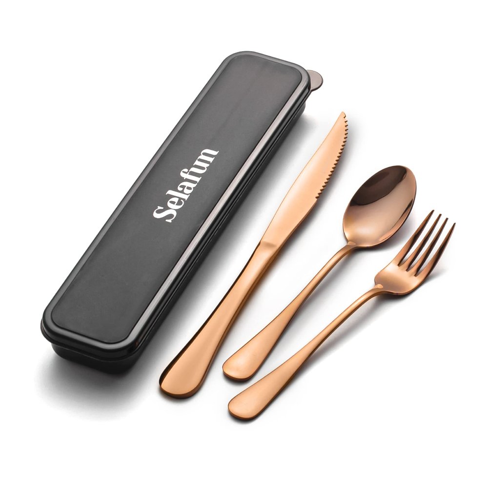 Selafun 4-pieces Travel Set with Case Portable Silverware Utensils Set for work, Stainless Steel Reusable Flatware Set Cutlery Set for Camping Picnic Hiking Office (6.7inch, Rose Gold)