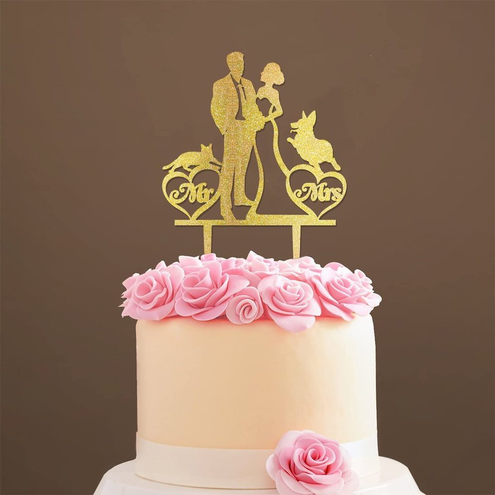 Mr & Mrs Rustic Wreath Couple's Names Cake Topper Bride And Groom with Pet Wedding Cake Topper Couple Silhouette Personalized Wedding Cake Topper Anniversary Cake Toppers Gold Glitter Wood, 6 Inch