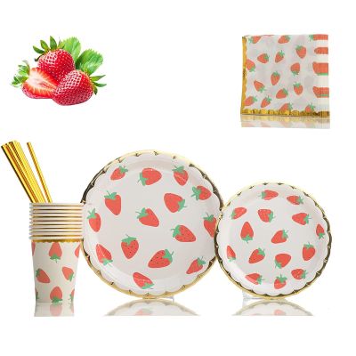 syxwRS Strawberry Party Tableware Set, Party Decorations Disposable Dinnerware Set Including Plates,Napkins,Straws and Cups for Fruit Theme Birthday Party Table Decoration Supplies,Serves 20 Guest