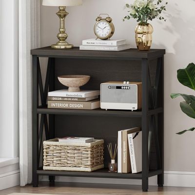 FATORRI Rustic Small Bookshelf for Small Space, Industrial Short Wood Bookcase, Farmhouse Low Book Shelf, 3 Tier Narrow Bookshelf for Living Room, Home Office, Hallway (Walnut Brown)
