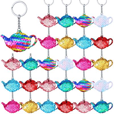 Sureio 24 Pcs Women Tea Party Keychain Tea Party Favors Teapot Sequin Glitter Flip Sequin Keychain Reversible Teapot Key Chains for Carnival Prizes Women Birthday Gifts Supplies, 8 Colors
