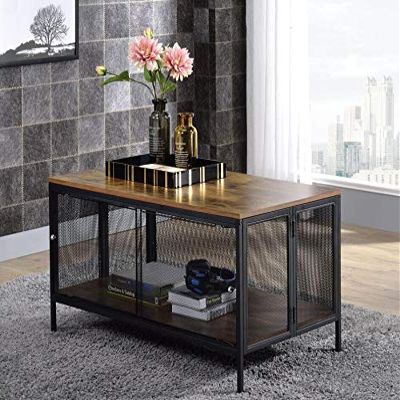 41" Foldable Rectangular Coffee Table, Minimalist Industrial Style Coffee Table with 4 Sliding Door, Wooden Tabletop and Metal Frame Cocktail Table End Table for Living Room, Office