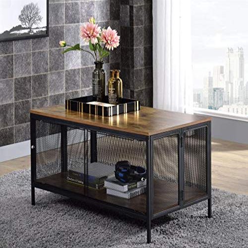 41" Foldable Rectangular Coffee Table, Minimalist Industrial Style Coffee Table with 4 Sliding Door, Wooden Tabletop and Metal Frame Cocktail Table End Table for Living Room, Office