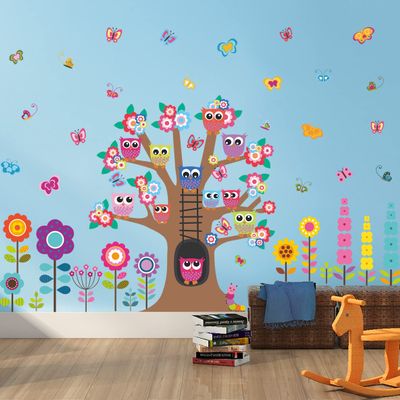 RW-C321 Removable Brown Tree Flowers Wall Decals Colorful Owls on the Tree Branches Wall Stickers DIY Butterfly Floral Green Leaf Plant Wall Decor for Kids Girls Bedroom Living Room Nursery Decoration