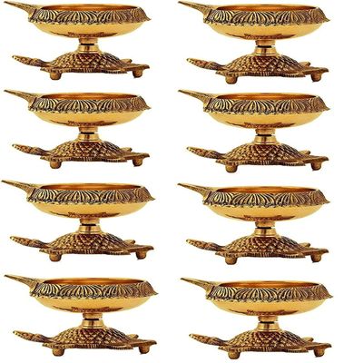 SATVIK 10 PC Kuber Turtle Diya for Diwali Decoration Handmade Oil Lamp with Golden Virgin Brass Metal Diwali Diya Vilakku for Puja Pooja Traditional Indian Deepawali Items