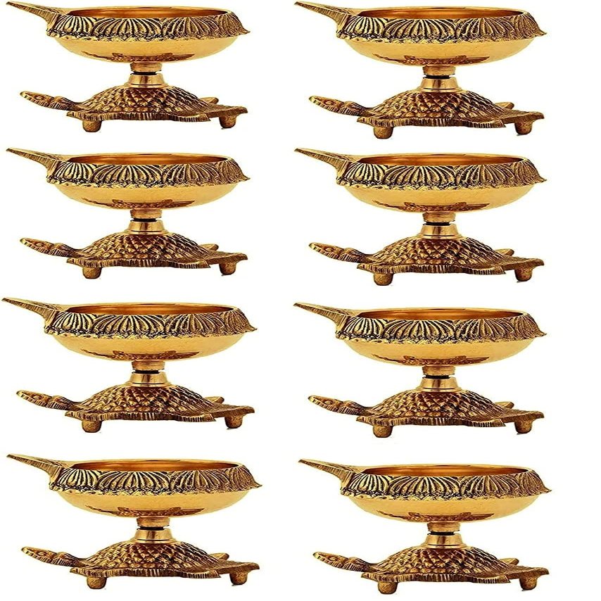 SATVIK 10 PC Kuber Turtle Diya for Diwali Decoration Handmade Oil Lamp with Golden Virgin Brass Metal Diwali Diya Vilakku for Puja Pooja Traditional Indian Deepawali Items