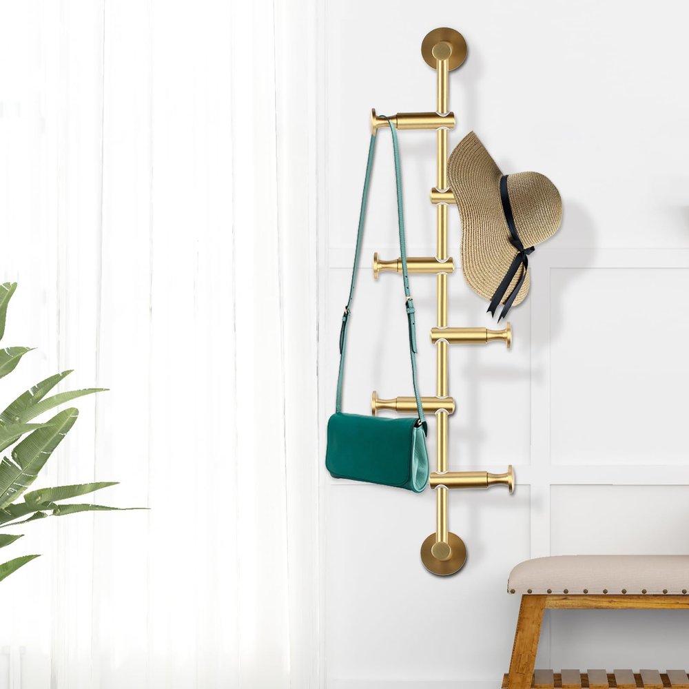 AKaSping Wall Mounted Coat Hanger 6 Hooks Metal Coat Rack Adjustable Spacing Angle Modern Coat Rack for Entryway Bedroom Coats Scarfs Bag Hat Umbrella Space Saving