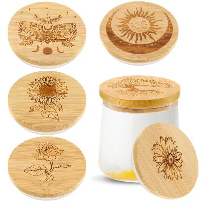 Tessco for you 6 Packs Yogurt Jar Lids Set Bamboo Wood for Jars Reusable Lid with Silicone Sealing Rings and Different Patterns Compatible with Oui Glass Containers