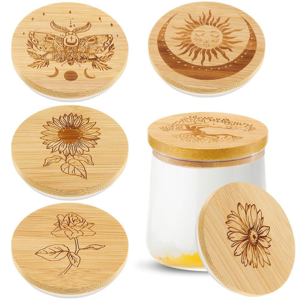 Tessco for you 6 Packs Yogurt Jar Lids Set Bamboo Wood for Jars Reusable Lid with Silicone Sealing Rings and Different Patterns Compatible with Oui Glass Containers