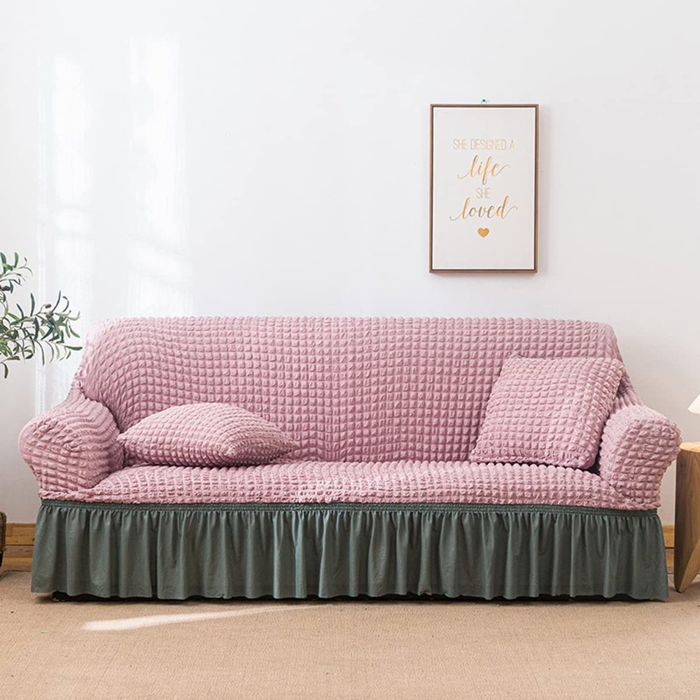 youyoucool Stretch Sofa Slipcover with Ruffle Skirt 1-Piece Couch Sofa Cover Furniture Protector Soft with Elastic Bottom for Kids, 3D Bubble Spandex Jacquard Fabric(4 Seater)