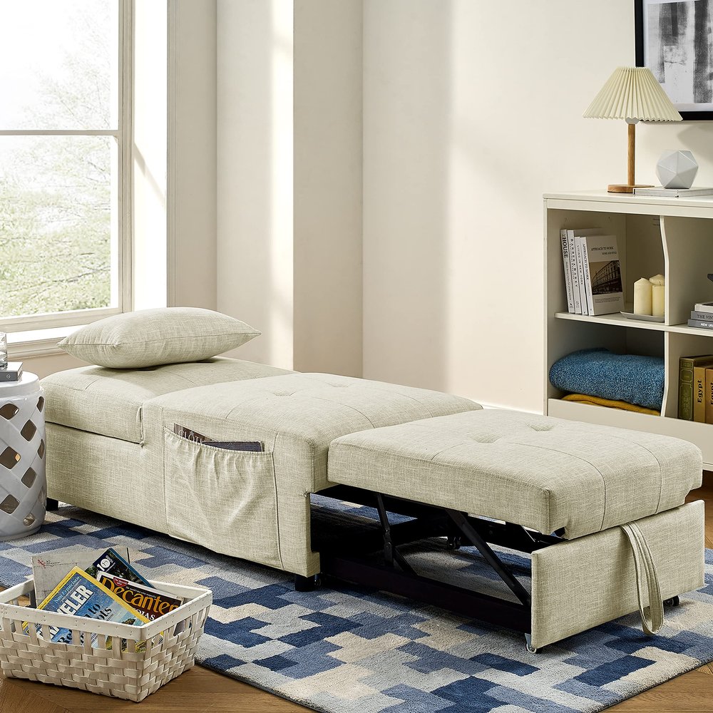 cjc Sleeper Sofa Bed, 4 in 1 Function Sofa Couch, Folding Ottoman Work as Ottoman, Chair,Sofa Bed and Chaise Lounge for Small Space Living, 44 x 26 x 33H (Beige)