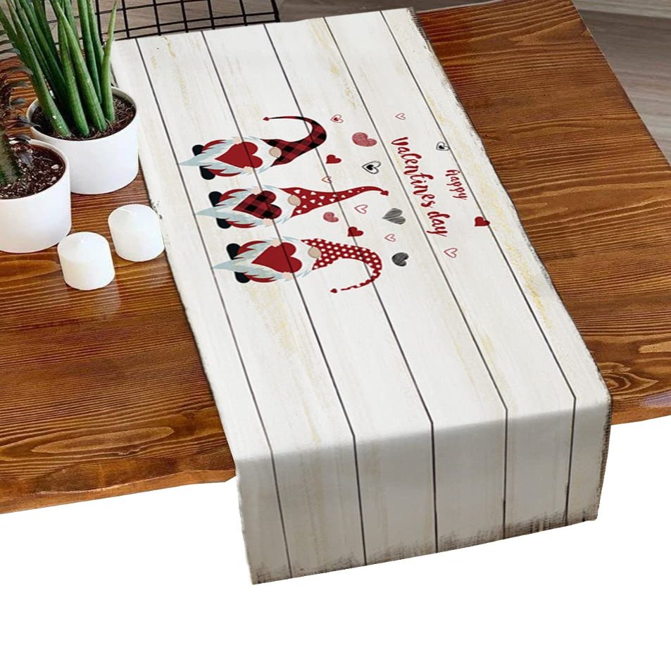 Short Table Runners Happy Valentine's Day Gnomes Love Heart Rustic Wood Grain Coffee Table Runner 36 inches Dresser Scarf,Decorative Small Tablerunner for Farmhouse Wedding Dinner Holiday Party