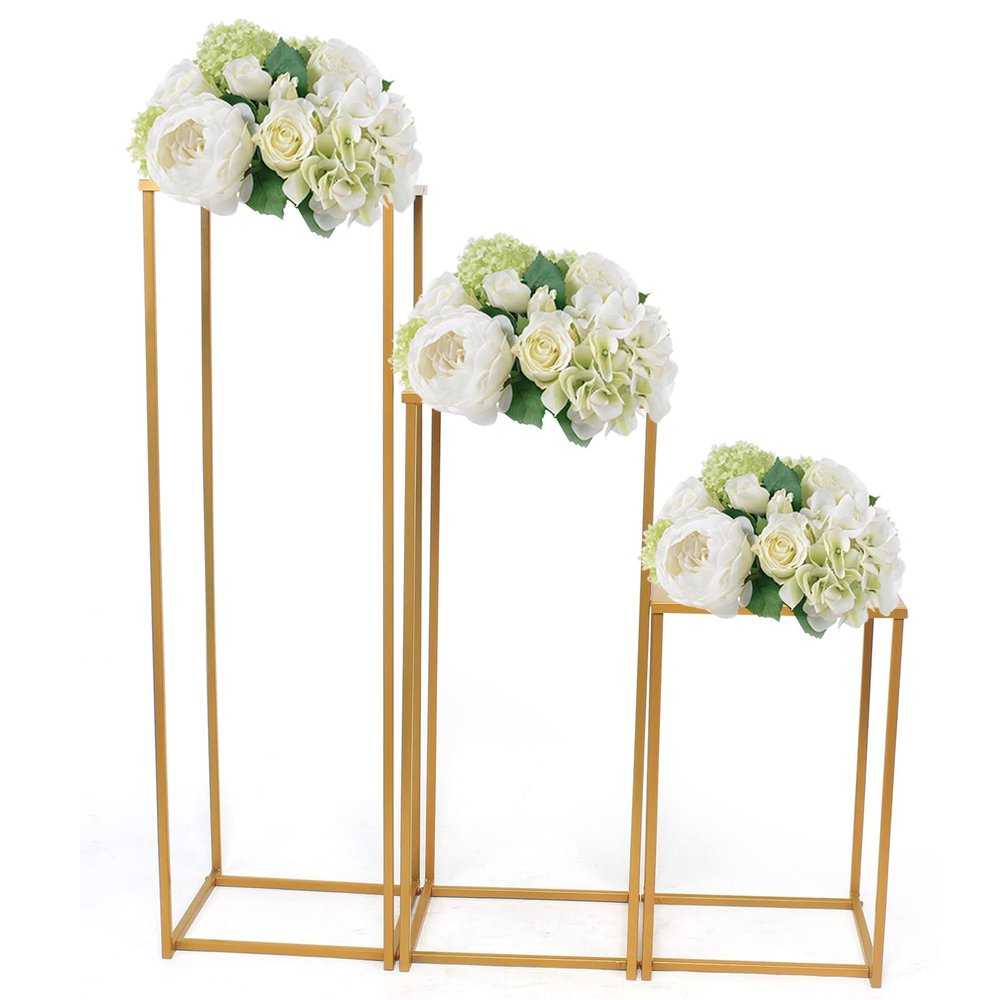 3Pcs Metal Flower Floor Vase Column Flower Stand Geometric Centerpieces Vase for Tables, 31.5/23.6/15.7in Tall Gold Flower Holder for Home Party Wedding Decorations, Rectangular Flower Display Rack
