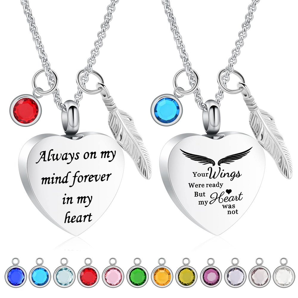 2 Pack Cremation Jewelry Heart Urn Necklace for Ashes Stainless Steel Keepsake Pendant Memorial Birthstone Urn Jewelry for Ashes for Women Men (2 Pcs Heart Urn Necklace)