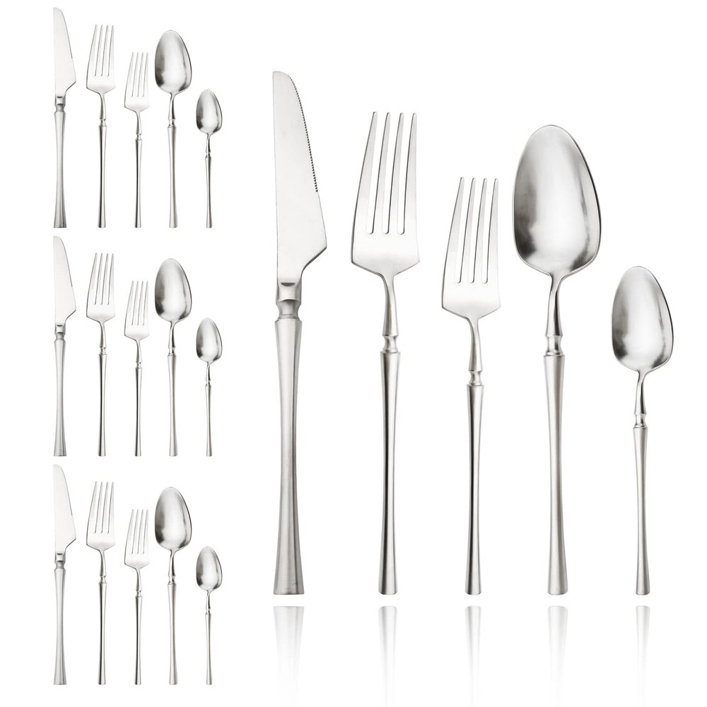 Snplowum 20 Piece Matte Silver Flatware Set, Royal 304 Stainless Steel Cutlery Utensils, Elegant Tableware For Wedding & Daily Use Silverware, Service For 6