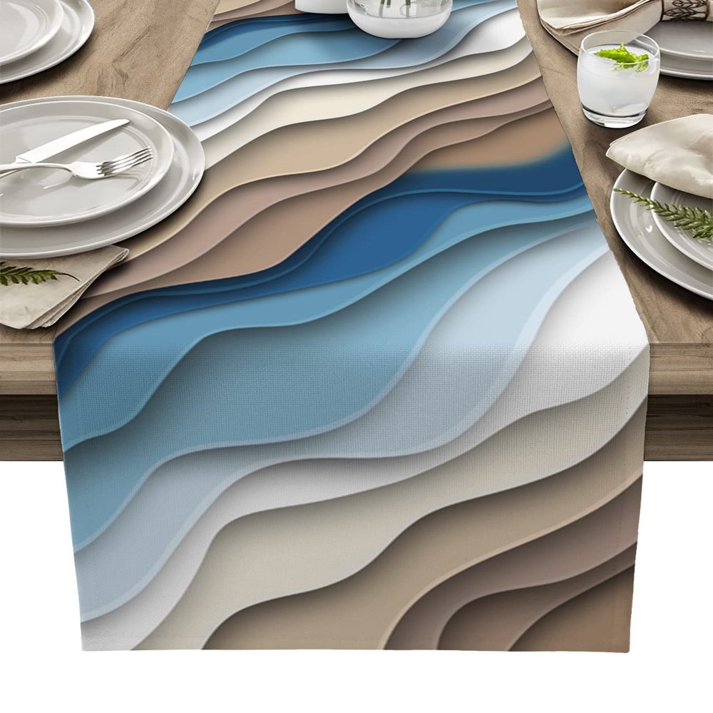 Table Runner Dresser Scarves,Abstract Geometric Blue Brown Gradient Waves Beach Table Runners 14x72 Inches Long,Non-Slip Washable Kitchen Dining Coffee Table Decor for Farmhouse Party Holiday Dinner