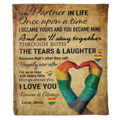 Decoronic Customized LGBT Blanket for Life Partner Through Tears & Laughter, Gift for Birthday, Christmas, Anniversary, Gay Lesbian Pride Personalized Fleece Blanket, Printed in USA