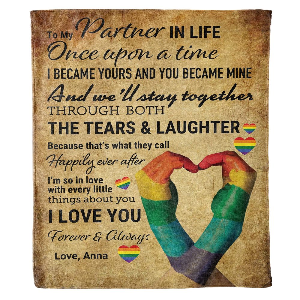 Decoronic Customized LGBT Blanket for Life Partner Through Tears & Laughter, Gift for Birthday, Christmas, Anniversary, Gay Lesbian Pride Personalized Fleece Blanket, Printed in USA