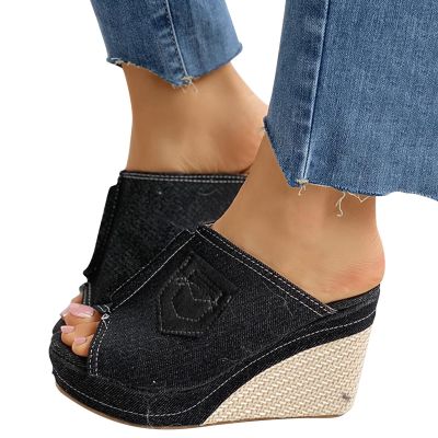 ZBYY Womens Denim Platform Wedges Sandals Summer Fish Mouth Sandals Slip On Thick Bottom Espadrille Sandal Slide
