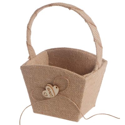 Burlap Wedding Flower Girl Basket Double Heart with Bowknot, wedding flower basket Vintage Rustic Flower Basket for Wedding burlap flower basket Ceremony buralp flower girl basket