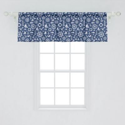 Ambesonne Sailboat Window Valance Pack of 2, Diagonal Hatched Nautical Elements Ship's Wheel Anchor and Marine Animals, Rod Pocket Curtain Valances for Kitchen Bedroom, 54" X 18", Blue White
