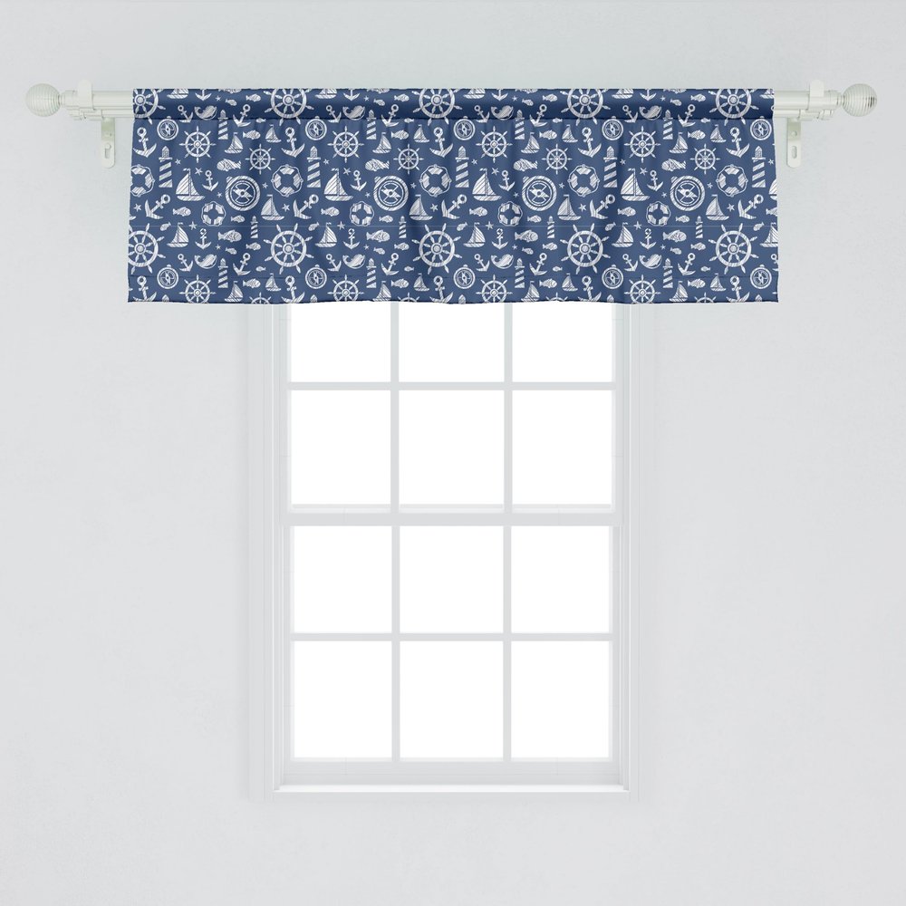 Ambesonne Sailboat Window Valance Pack of 2, Diagonal Hatched Nautical Elements Ship's Wheel Anchor and Marine Animals, Rod Pocket Curtain Valances for Kitchen Bedroom, 54" X 18", Blue White