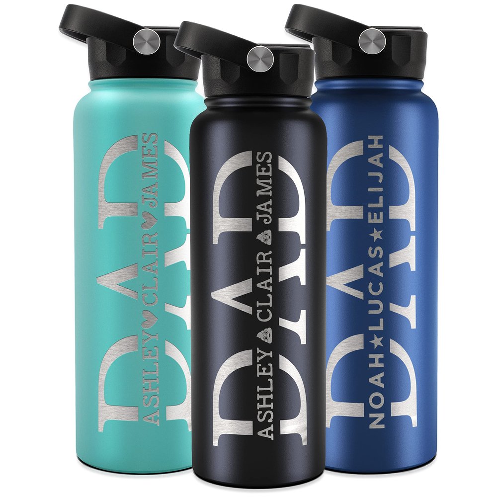Personalized Dad Water Bottle with Kids Names, 40 Oz, Gifts for Dad From Daughter, Son, Engraved Dad Water Bottle, 9 Colors, 4 Fonts & 5 Icons, Custom Dad Gifts