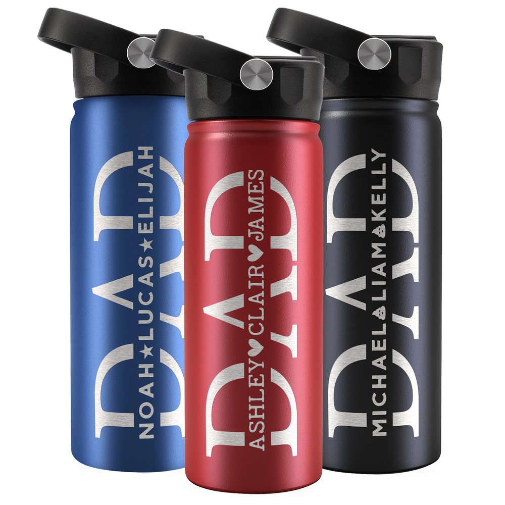 Personalized Dad Water Bottle with Kids Names, 18 Oz, Gifts for Dad From Daughter, Son, Engraved Dad Water Bottle, 9 Colors, 4 Fonts & 5 Icons, Custom Dad Gifts