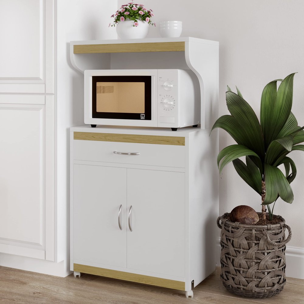 Microwave Stand with Storage Rolling White Cabinet with Doors, Drawer, and Locking Wheels Freestanding Wood Cart by Lavish Home (White and Oak)