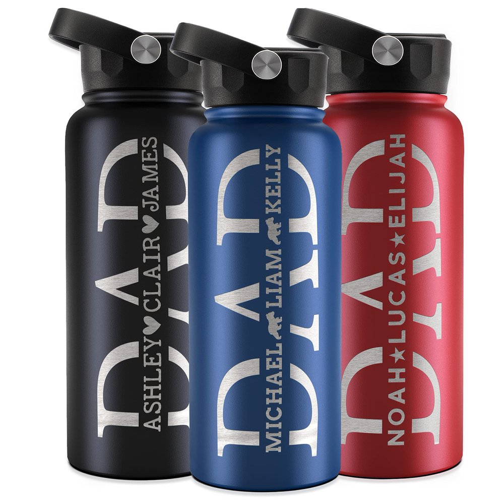 Personalized Dad Water Bottle with Kids Names, 32 Oz, Gifts for Dad From Daughter, Son, Engraved Dad Water Bottle, 9 Colors, 4 Fonts & 5 Icons, Custom Dad Gifts