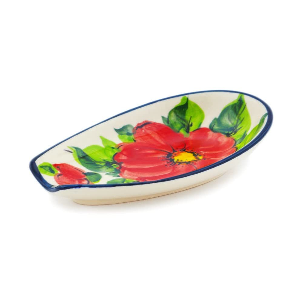 Polmedia Polish Pottery Spoon Rest UNIKAT - Spring's Bloom Pattern Handmade in Boleslawiec Poland + Certificate of Authenticity