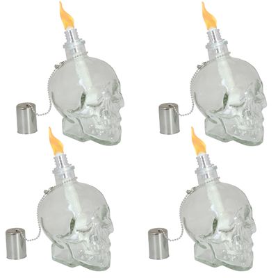 Sunnydaze Grinning Skull Glass Tabletop Torches - Outdoor Patio Lighting - Includes Wicks and Attached Snuffers - Set of 4 Refillable Torches - Clear