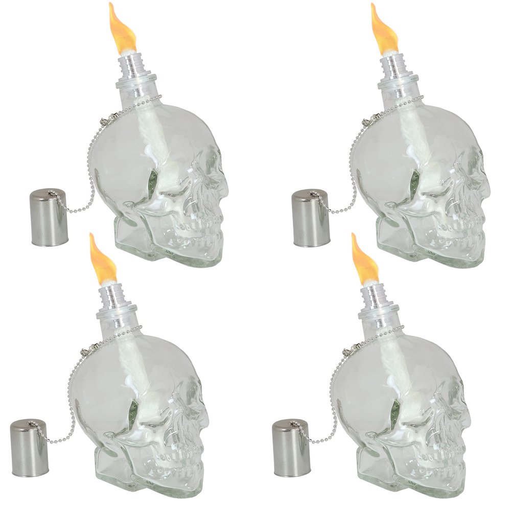 Sunnydaze Grinning Skull Glass Tabletop Torches - Outdoor Patio Lighting - Includes Wicks and Attached Snuffers - Set of 4 Refillable Torches - Clear