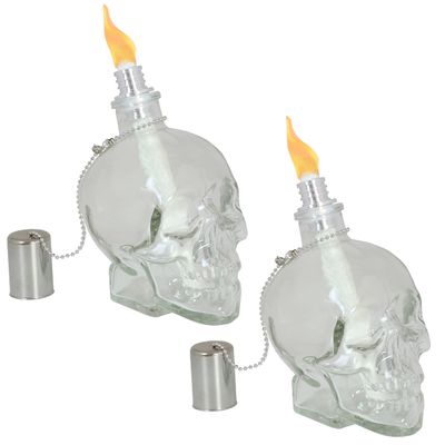 Sunnydaze Grinning Skull Glass Tabletop Torches - Outdoor Patio Lighting - Includes Wicks and Attached Snuffers - Set of 2 Refillable Torches - Clear