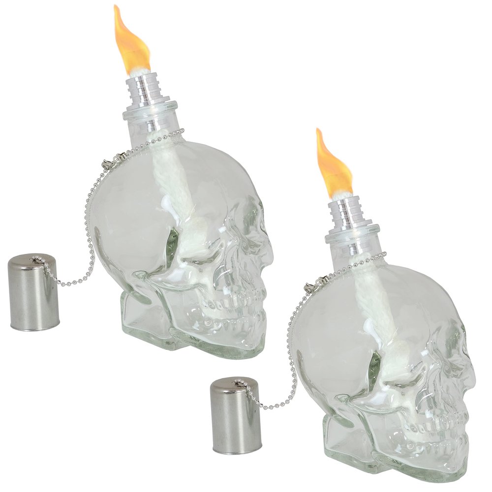 Sunnydaze Grinning Skull Glass Tabletop Torches - Outdoor Patio Lighting - Includes Wicks and Attached Snuffers - Set of 2 Refillable Torches - Clear