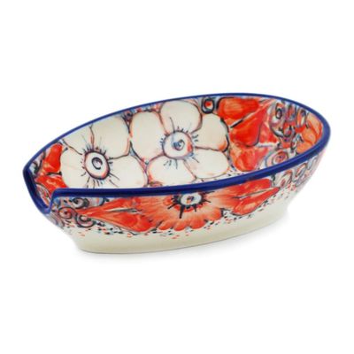Polmedia Polish Pottery Spoon Rest UNIKAT - Peachy Keen Pattern Handmade in Boleslawiec Poland by Ceramika Artystyczna + Certificate of Authenticity