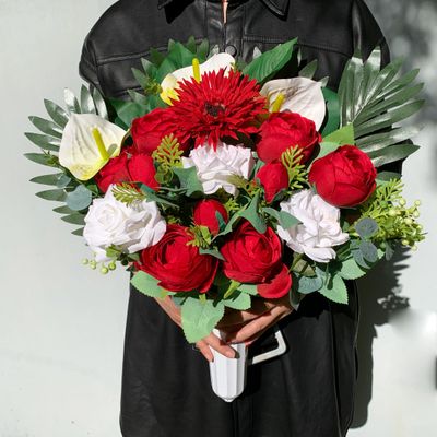 HENOMO Artificial Cemetery Flowers - Grave Memorial Bouquet, Realistic Faux Red Camellia White Rose Arrangement with Plastic Vases for Tombstone, Easy Fit, Outdoor Graveside Decor