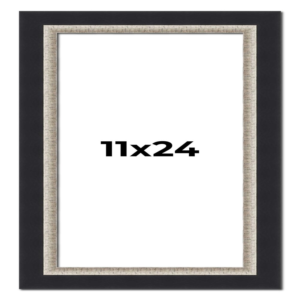 11x24 Frame Black Real Wood Picture Frame Width 2.25 Inches | Interior Frame Depth 0.5 Inches | Bridger Silver Traditional Photo Frame Complete with UV Acrylic, Foam Board Backing & Hanging Hardware