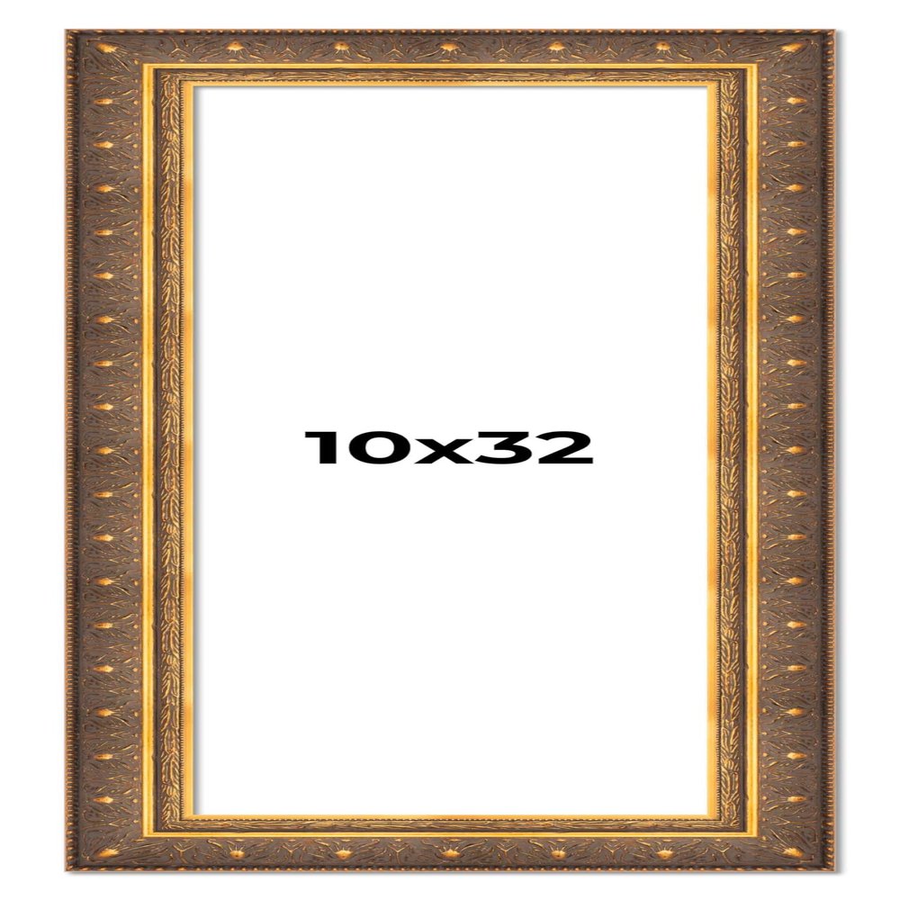 10x32 Frame Vintage Gold Solid Wood Picture Frame | 2.5 Inch Moulding Width | Ornate Bronze Museo Picture Frame Complete with UV Acrylic Plexiglass, Foam Board Backing & Hanging Hardware
