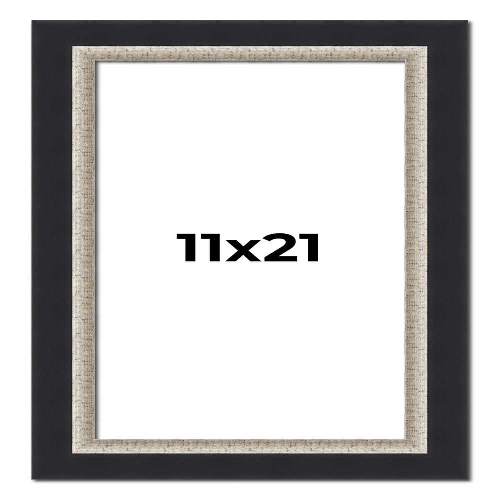 11x21 Frame Black Real Wood Picture Frame Width 2.25 Inches | Interior Frame Depth 0.5 Inches | Bridger Silver Traditional Photo Frame Complete with UV Acrylic, Foam Board Backing & Hanging Hardware