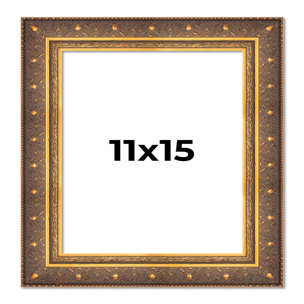 11x15 Frame Vintage Gold Solid Wood Picture Frame | 2.5 Inch Moulding Width | Ornate Bronze Museo Picture Frame Complete with UV Acrylic Plexiglass, Foam Board Backing & Hanging Hardware