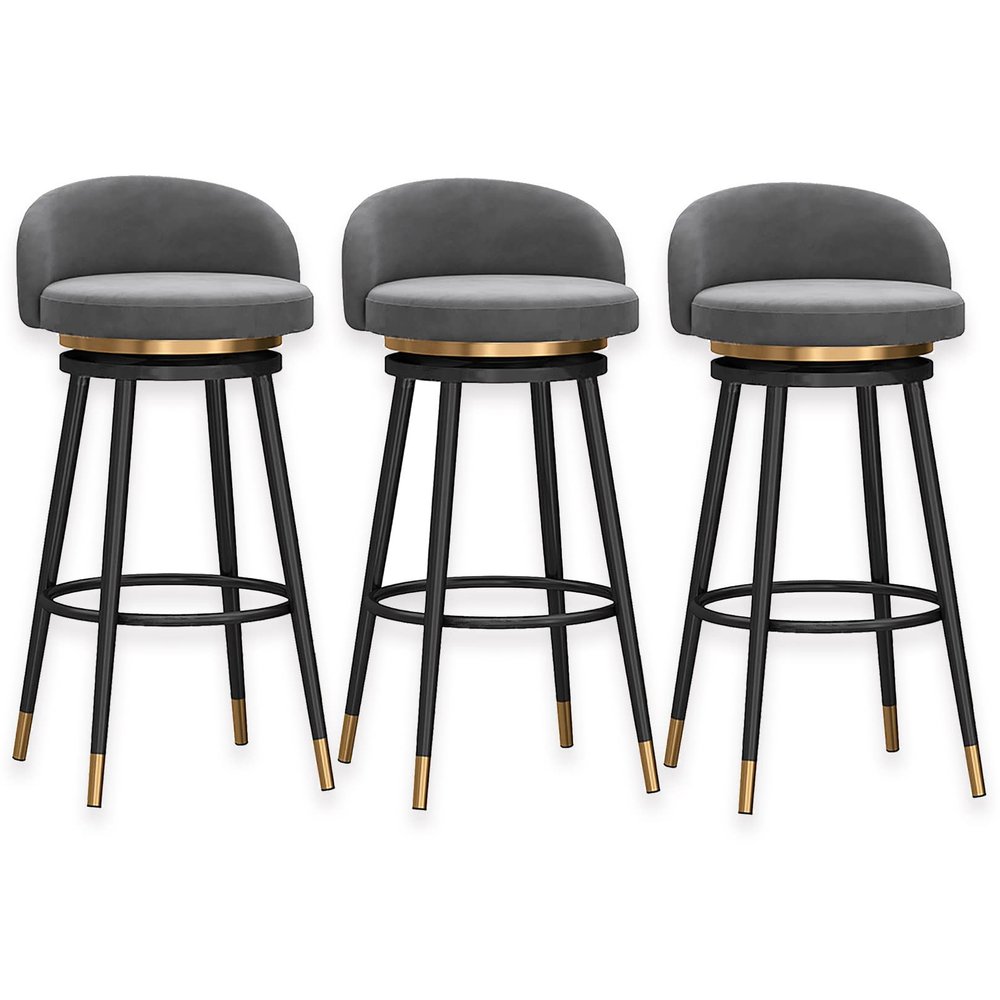Guyifuny Modern Bar Stool with Back, Set of 3, Counter Height Stool, Barstools for Kitchen Counter, Velvet Upholstered, 360 Swivel, Black Metal Footrest
