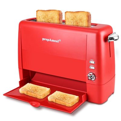 prepAmeal Long Slot Toaster 2 Slice Toaster with 6 Shade Settings, Bagel/Cancel, Extra Wide Slots, Removable Crumb Tray, for Bagels, Waffles, Breads, Puff Pastry, Snacks (2-Slice, Red)