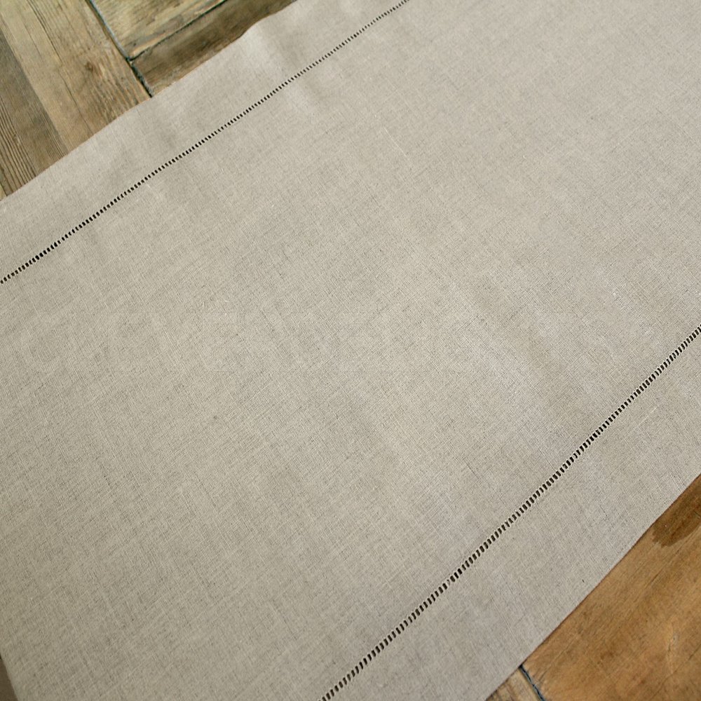 CleverDelights Stone Hemstitch Table Runner - 16" x 90" - 55/45 Linen Cotton Blend