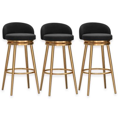 Guyifuny Swivel Bar Stools - Set of 3 for Kitchen Counter, Tall Barstools Velvet Kitchen Island Chair, Gold Metal Footrest, 150kg Bear Capacity